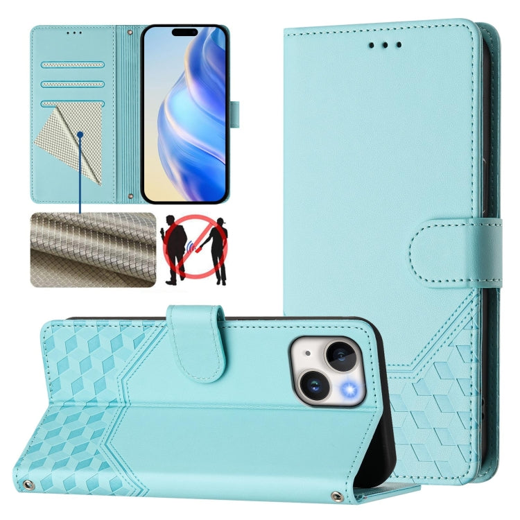 Funda para teléfono de cuero RFID con relieve en forma de panal, For iPhone 16, For iPhone 15 Pro Max, For iPhone 15 Pro, For iPhone 15 Plus, For iPhone 15, For iPhone 14 Plus, For iPhone 14 / 13, For iPhone 14 Pro