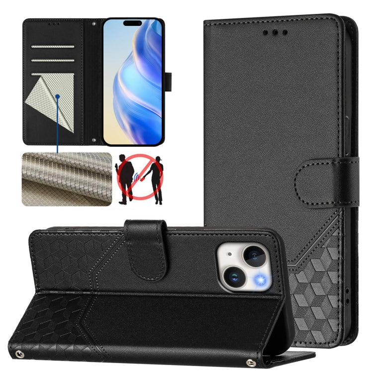 Funda para teléfono de cuero RFID con relieve en forma de panal, For iPhone 16, For iPhone 15 Pro Max, For iPhone 15 Pro, For iPhone 15 Plus, For iPhone 15, For iPhone 14 Plus, For iPhone 14 / 13, For iPhone 14 Pro