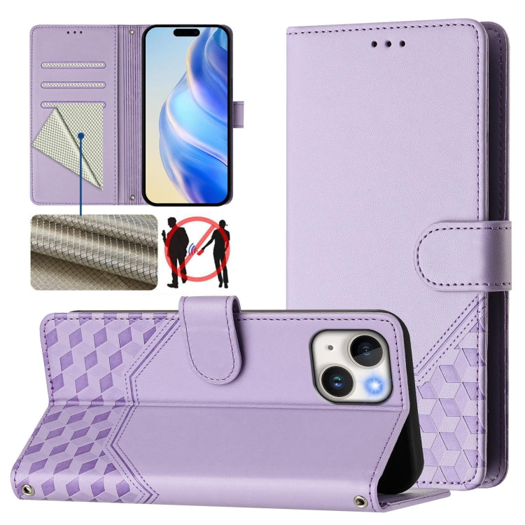 Funda para teléfono de cuero RFID con relieve en forma de panal, For iPhone 16, For iPhone 15 Pro Max, For iPhone 15 Pro, For iPhone 15 Plus, For iPhone 15, For iPhone 14 Plus, For iPhone 14 / 13, For iPhone 14 Pro