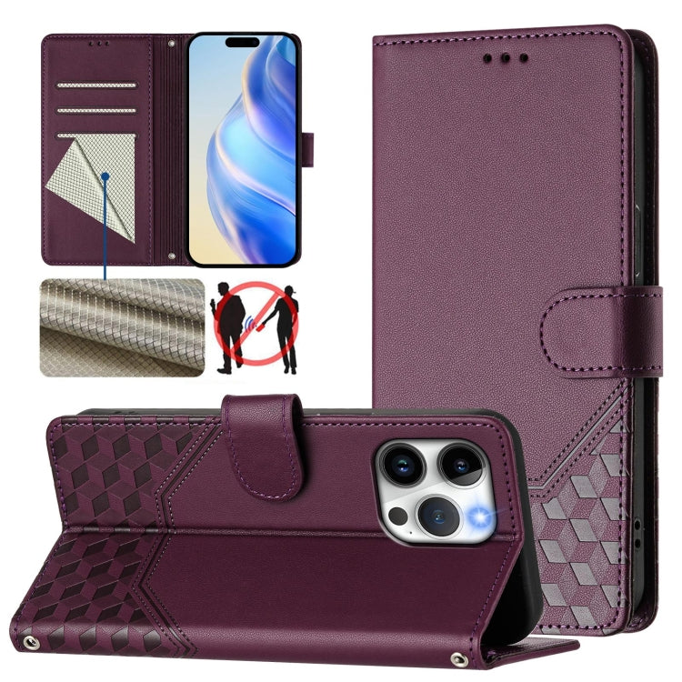 Funda para teléfono de cuero RFID con relieve en forma de panal, For iPhone 16, For iPhone 15 Pro Max, For iPhone 15 Pro, For iPhone 15 Plus, For iPhone 15, For iPhone 14 Plus, For iPhone 14 / 13, For iPhone 14 Pro