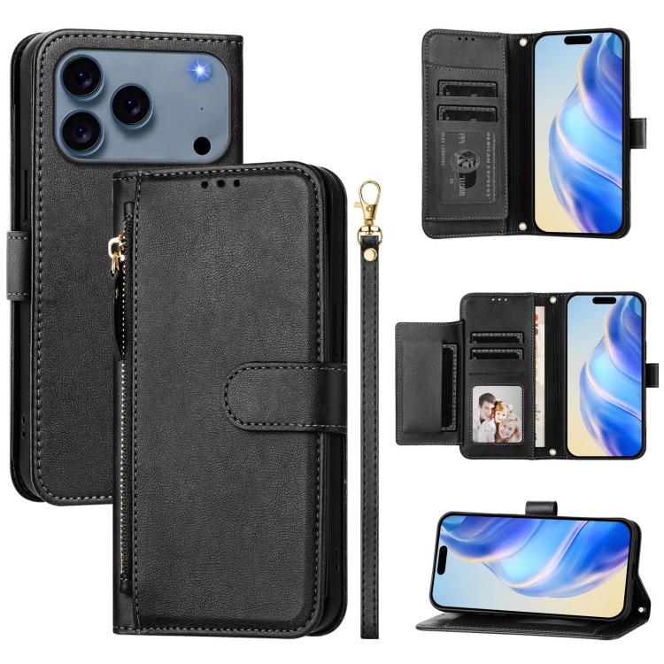 Estuche de cuero para teléfono con cremallera y ranuras para varias tarjetas, For iPhone 17e / 16e, For iPhone 17 Pro Max, For iPhone 17 Pro, For iPhone 17, For iPhone Air, For iPhone 16 Pro Max, For iPhone 16 Pro, For iPhone 16 Plus