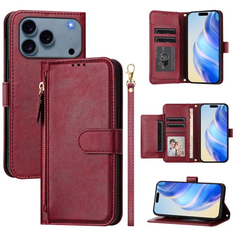 Estuche de cuero para teléfono con cremallera y ranuras para varias tarjetas, For iPhone 17e / 16e, For iPhone 17 Pro Max, For iPhone 17 Pro, For iPhone 17, For iPhone Air, For iPhone 16 Pro Max, For iPhone 16 Pro, For iPhone 16 Plus