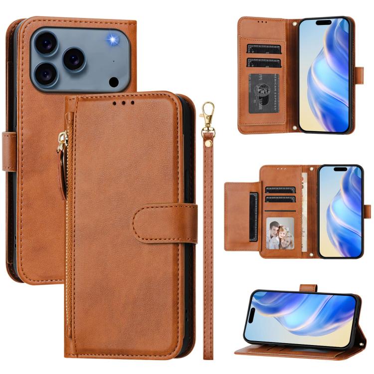 Estuche de cuero para teléfono con cremallera y ranuras para varias tarjetas, For iPhone 17e / 16e, For iPhone 17 Pro Max, For iPhone 17 Pro, For iPhone 17, For iPhone Air, For iPhone 16 Pro Max, For iPhone 16 Pro, For iPhone 16 Plus