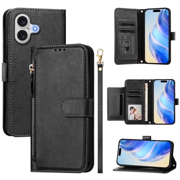 Estuche de cuero para teléfono con cremallera y ranuras para varias tarjetas, For iPhone 17e / 16e, For iPhone 17 Pro Max, For iPhone 17 Pro, For iPhone 17, For iPhone Air, For iPhone 16 Pro Max, For iPhone 16 Pro, For iPhone 16 Plus