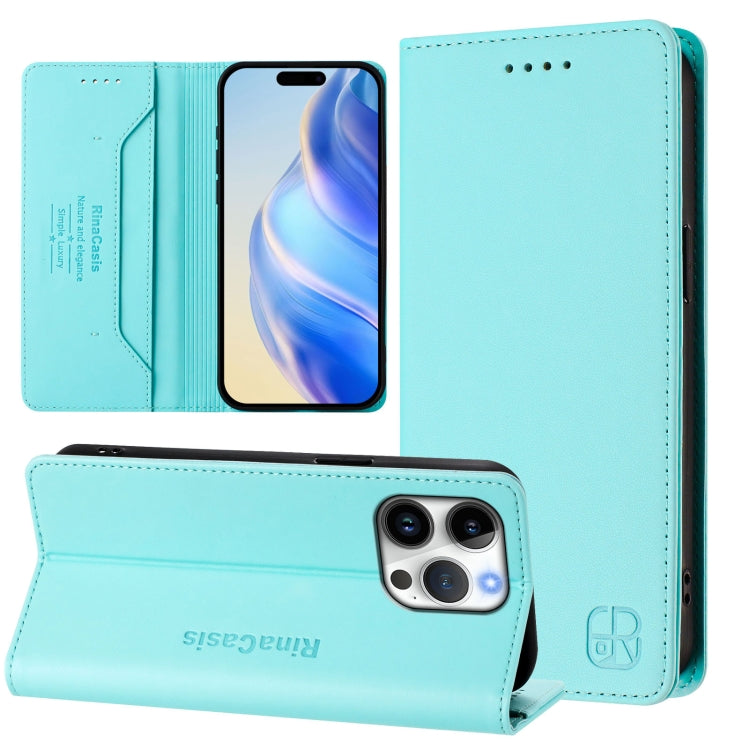 Estuche para teléfono de cuero con doble pliegue y succión magnética y RFID RC01, For iPhone 16 Pro, For iPhone 16 Plus, For iPhone 16, For iPhone 15 Pro Max, For iPhone 15 Pro, For iPhone 15 Plus