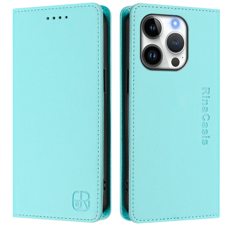 Estuche para teléfono de cuero con doble pliegue y succión magnética y RFID RC01, For iPhone 16 Pro, For iPhone 16 Plus, For iPhone 16, For iPhone 15 Pro Max, For iPhone 15 Pro, For iPhone 15 Plus