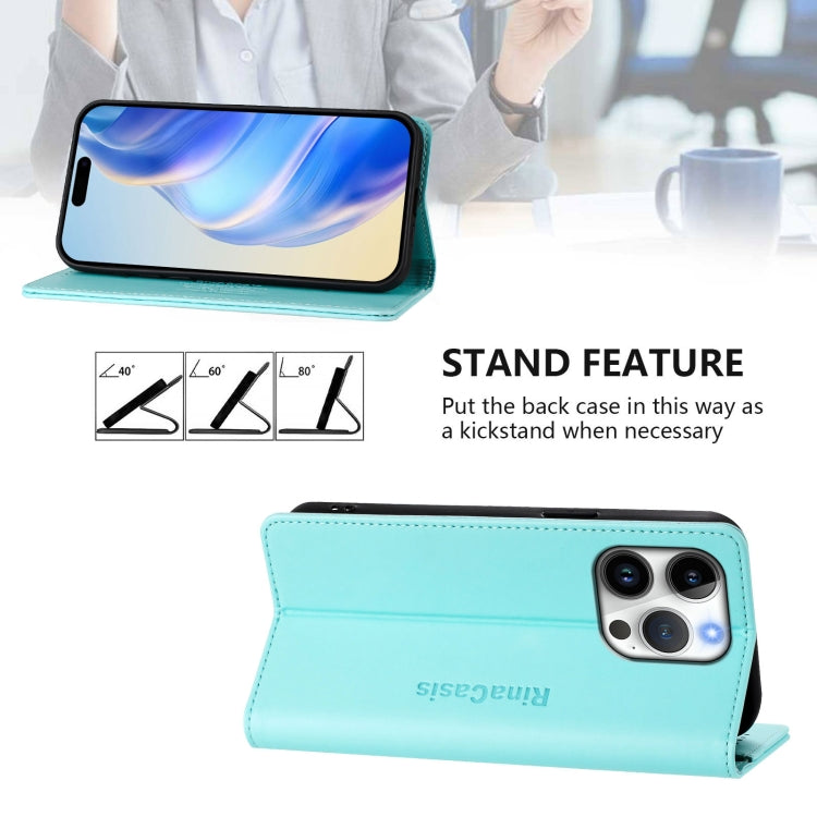 Estuche para teléfono de cuero con doble pliegue y succión magnética y RFID RC01, For iPhone 16 Pro, For iPhone 16 Plus, For iPhone 16, For iPhone 15 Pro Max, For iPhone 15 Pro, For iPhone 15 Plus