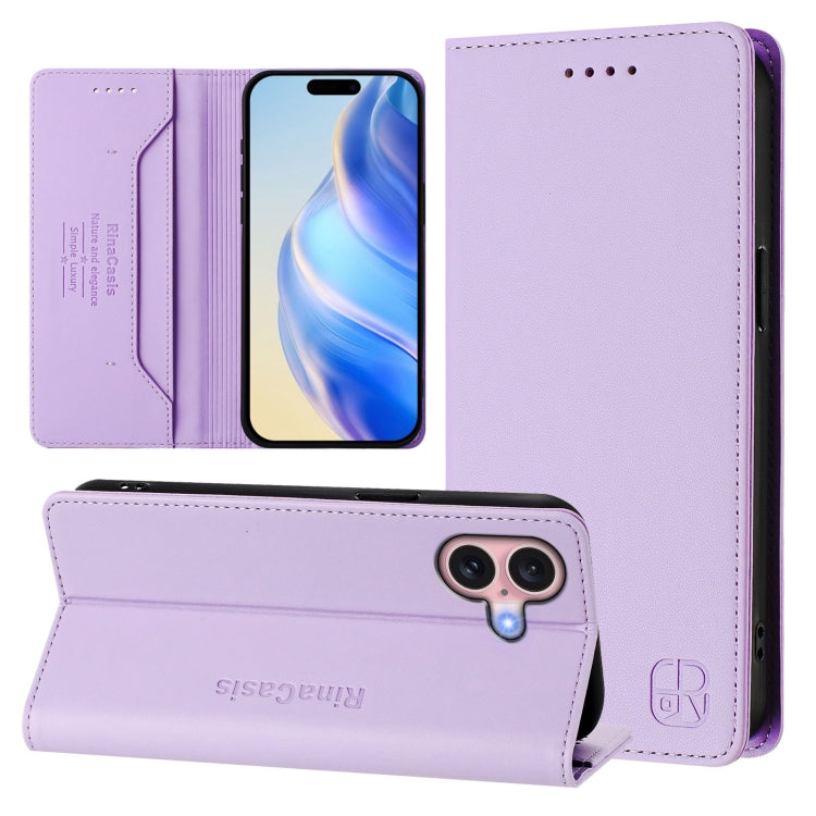 Estuche para teléfono de cuero con doble pliegue y succión magnética y RFID RC01, For iPhone 16 Pro, For iPhone 16 Plus, For iPhone 16, For iPhone 15 Pro Max, For iPhone 15 Pro, For iPhone 15 Plus