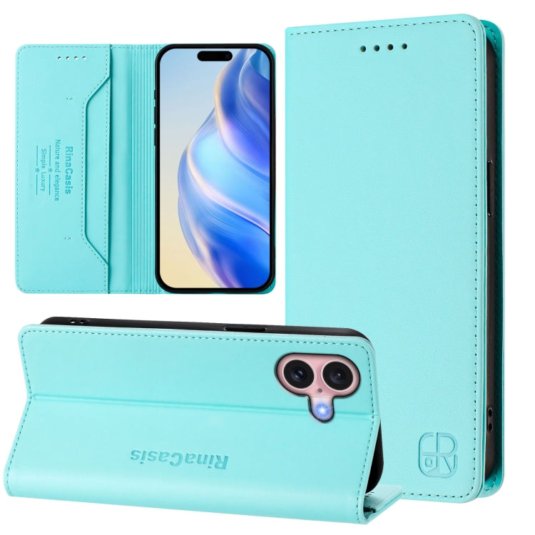 Estuche para teléfono de cuero con doble pliegue y succión magnética y RFID RC01, For iPhone 16 Pro, For iPhone 16 Plus, For iPhone 16, For iPhone 15 Pro Max, For iPhone 15 Pro, For iPhone 15 Plus