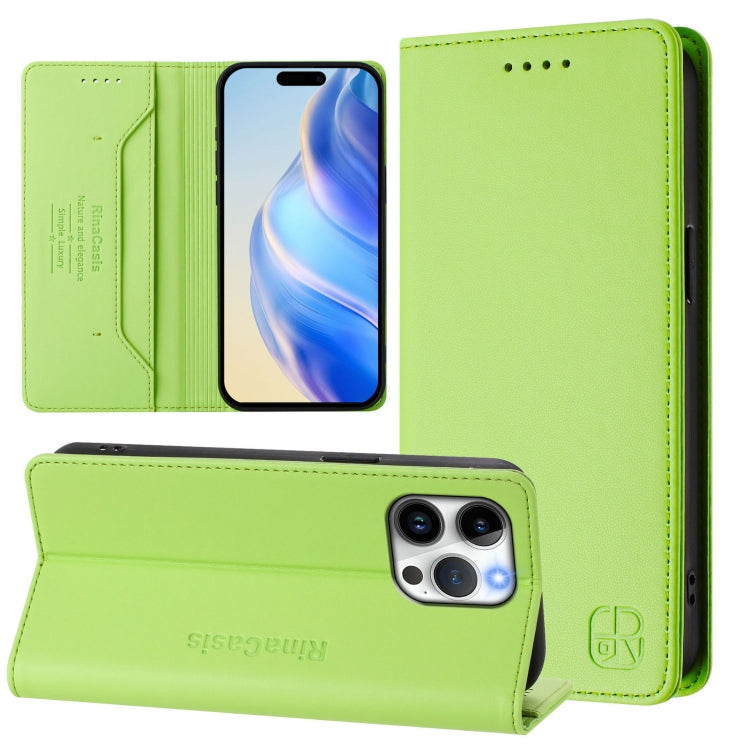 Estuche para teléfono de cuero con doble pliegue y succión magnética y RFID RC01, For iPhone 16 Pro, For iPhone 16 Plus, For iPhone 16, For iPhone 15 Pro Max, For iPhone 15 Pro, For iPhone 15 Plus