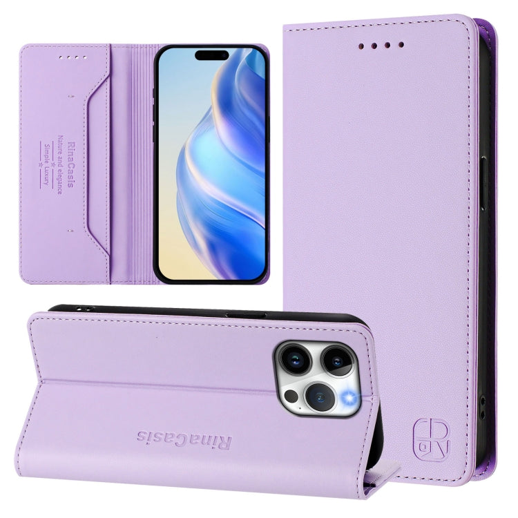 Estuche para teléfono de cuero con doble pliegue y succión magnética y RFID RC01, For iPhone 16 Pro, For iPhone 16 Plus, For iPhone 16, For iPhone 15 Pro Max, For iPhone 15 Pro, For iPhone 15 Plus