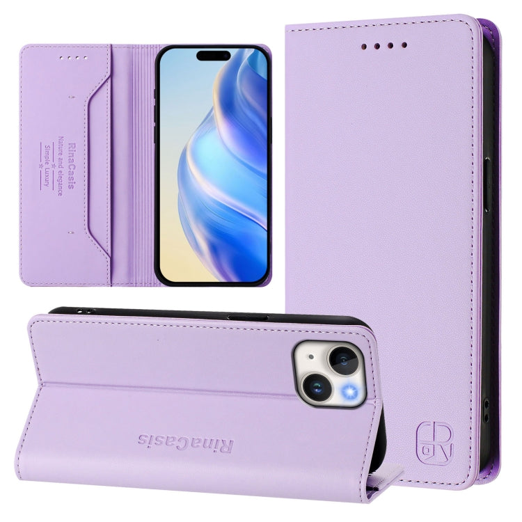 Estuche para teléfono de cuero con doble pliegue y succión magnética y RFID RC01, For iPhone 16 Pro, For iPhone 16 Plus, For iPhone 16, For iPhone 15 Pro Max, For iPhone 15 Pro, For iPhone 15 Plus
