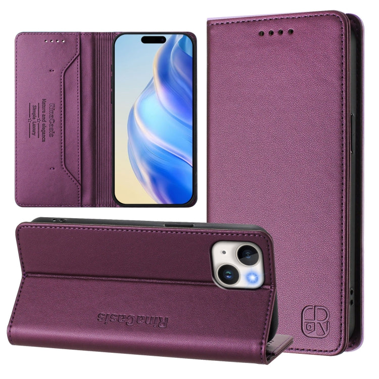 Estuche para teléfono de cuero con doble pliegue y succión magnética y RFID RC01, For iPhone 16 Pro, For iPhone 16 Plus, For iPhone 16, For iPhone 15 Pro Max, For iPhone 15 Pro, For iPhone 15 Plus
