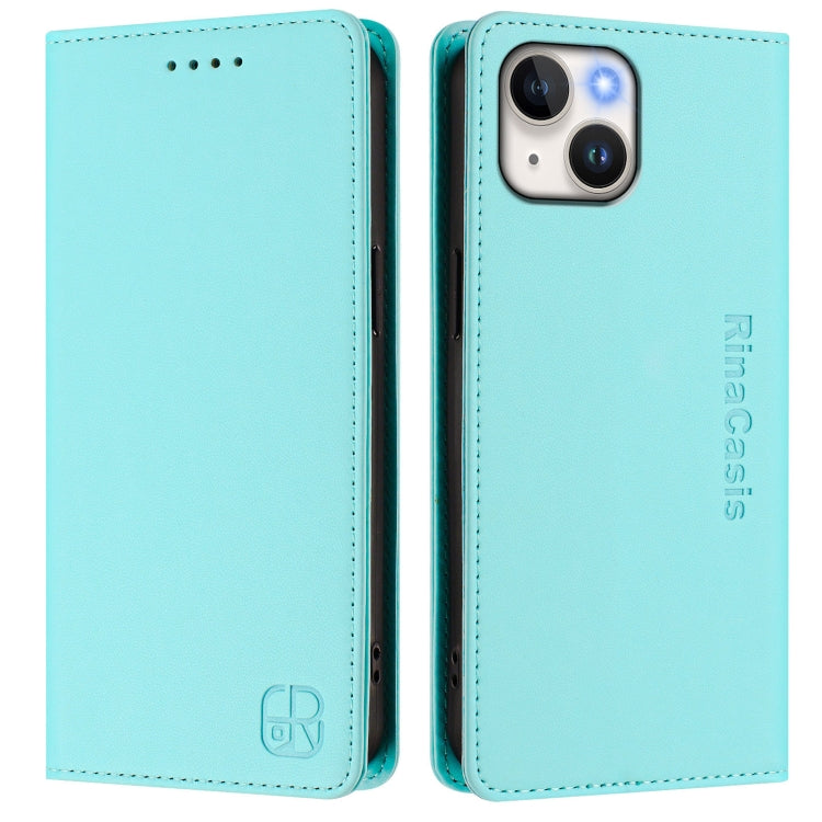Estuche para teléfono de cuero con doble pliegue y succión magnética y RFID RC01, For iPhone 15, For iPhone 14 Plus, For iPhone 14 / 13, For iPhone 14 Pro, For iPhone 14 Pro Max, For iPhone 7 / 8 / SE 2022