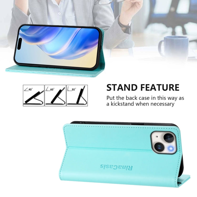 Estuche para teléfono de cuero con doble pliegue y succión magnética y RFID RC01, For iPhone 15, For iPhone 14 Plus, For iPhone 14 / 13, For iPhone 14 Pro, For iPhone 14 Pro Max, For iPhone 7 / 8 / SE 2022