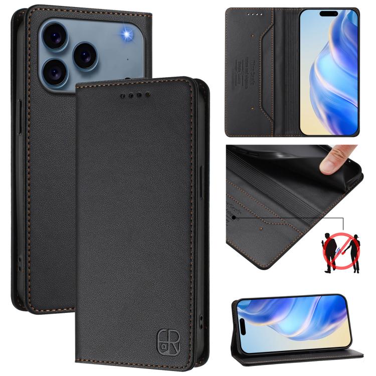 Estuche para teléfono de cuero con doble pliegue y succión magnética y RFID RC01, For iPhone 17e / 16e, For iPhone 17 Pro Max, For iPhone 17 Pro, For iPhone 17, For iPhone Air, For iPhone 16 Pro Max