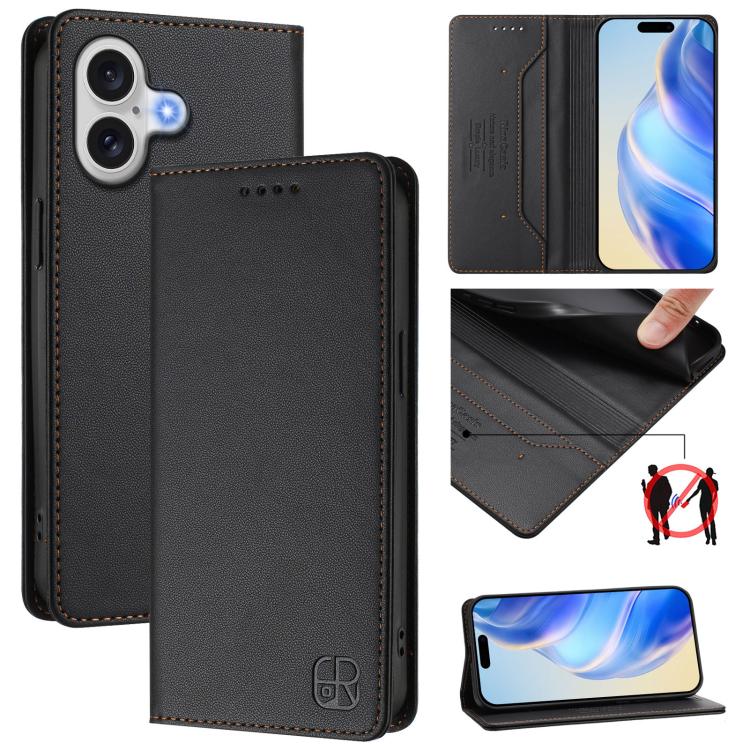 Estuche para teléfono de cuero con doble pliegue y succión magnética y RFID RC01, For iPhone 17e / 16e, For iPhone 17 Pro Max, For iPhone 17 Pro, For iPhone 17, For iPhone Air, For iPhone 16 Pro Max