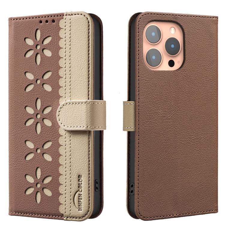 Funda de cuero para teléfono RFID con estampado floral hueco y empalme de colores, For iPhone 18 Pro/17 Pro, For iPhone 18 Pro Max/17 Pro Max, For iPhone 16e / 17e, For iPhone 17, For iPhone Air, For iPhone 16 Pro Max, For iPhone 16 Pro                ...