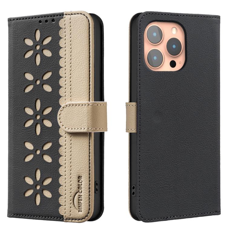 Funda de cuero para teléfono RFID con estampado floral hueco y empalme de colores, For iPhone 18 Pro/17 Pro, For iPhone 18 Pro Max/17 Pro Max, For iPhone 16e / 17e, For iPhone 17, For iPhone Air, For iPhone 16 Pro Max, For iPhone 16 Pro                ...