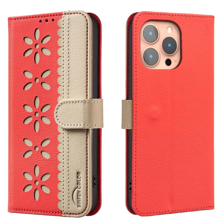 Funda de cuero para teléfono RFID con estampado floral hueco y empalme de colores, For iPhone 18 Pro/17 Pro, For iPhone 18 Pro Max/17 Pro Max, For iPhone 16e / 17e, For iPhone 17, For iPhone Air, For iPhone 16 Pro Max, For iPhone 16 Pro                ...
