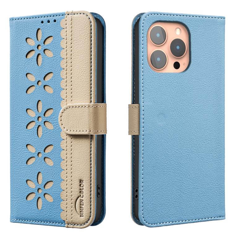 Funda de cuero para teléfono RFID con estampado floral hueco y empalme de colores, For iPhone 18 Pro/17 Pro, For iPhone 18 Pro Max/17 Pro Max, For iPhone 16e / 17e, For iPhone 17, For iPhone Air, For iPhone 16 Pro Max, For iPhone 16 Pro                ...