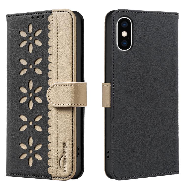 Funda de cuero para teléfono RFID con estampado floral hueco y empalme de colores, For iPhone XS Max, For iPhone 6 Plus / 7 Plus / 8 Plus, For iPhone 6 / 7 / 8