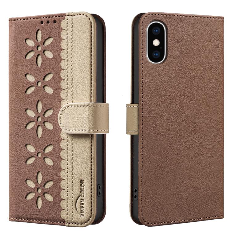 Funda de cuero para teléfono RFID con estampado floral hueco y empalme de colores, For iPhone XS Max, For iPhone 6 Plus / 7 Plus / 8 Plus, For iPhone 6 / 7 / 8