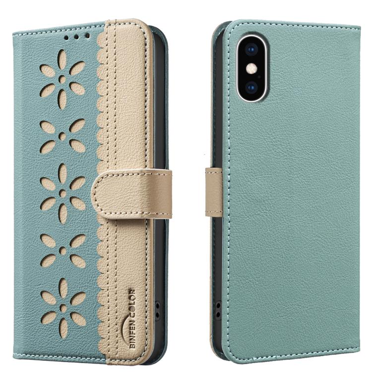 Funda de cuero para teléfono RFID con estampado floral hueco y empalme de colores, For iPhone XS Max, For iPhone 6 Plus / 7 Plus / 8 Plus, For iPhone 6 / 7 / 8