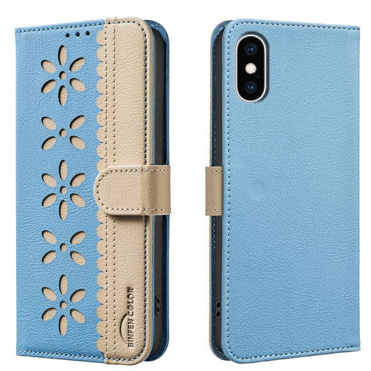 Funda de cuero para teléfono RFID con estampado floral hueco y empalme de colores, For iPhone XS Max, For iPhone 6 Plus / 7 Plus / 8 Plus, For iPhone 6 / 7 / 8