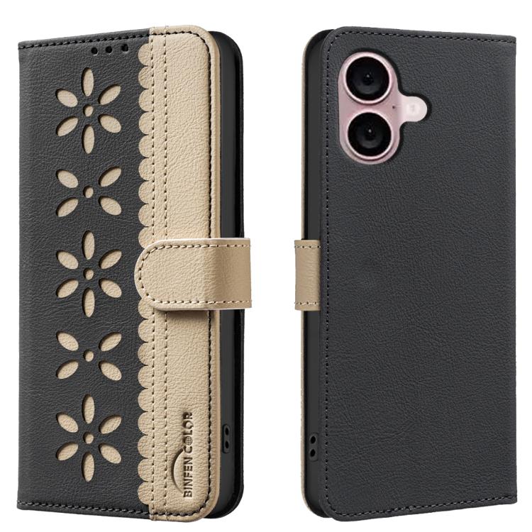 Funda de cuero para teléfono RFID con estampado floral hueco y empalme de colores, For iPhone 18 Pro/17 Pro, For iPhone 18 Pro Max/17 Pro Max, For iPhone 16e / 17e, For iPhone 17, For iPhone Air, For iPhone 16 Pro Max, For iPhone 16 Pro                ...