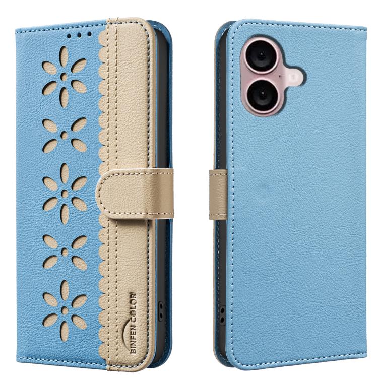 Funda de cuero para teléfono RFID con estampado floral hueco y empalme de colores, For iPhone 18 Pro/17 Pro, For iPhone 18 Pro Max/17 Pro Max, For iPhone 16e / 17e, For iPhone 17, For iPhone Air, For iPhone 16 Pro Max, For iPhone 16 Pro                ...