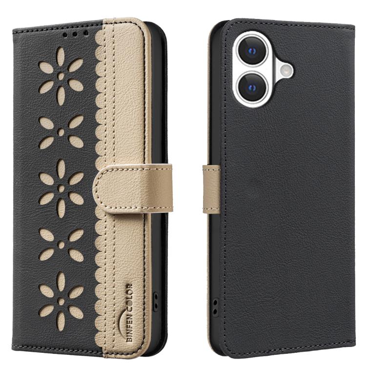 Funda de cuero para teléfono RFID con estampado floral hueco y empalme de colores, For iPhone 18 Pro/17 Pro, For iPhone 18 Pro Max/17 Pro Max, For iPhone 16e / 17e, For iPhone 17, For iPhone Air, For iPhone 16 Pro Max, For iPhone 16 Pro                ...