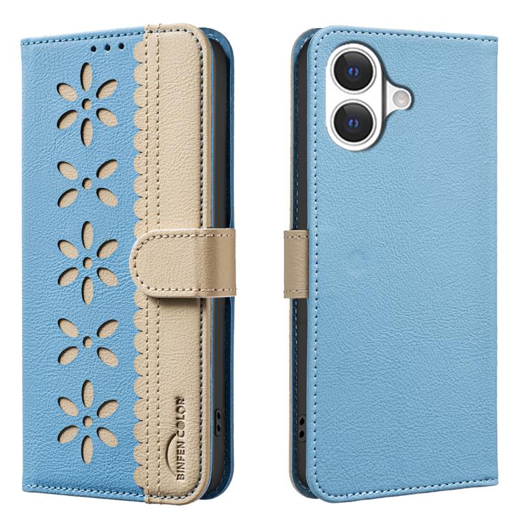 Funda de cuero para teléfono RFID con estampado floral hueco y empalme de colores, For iPhone 18 Pro/17 Pro, For iPhone 18 Pro Max/17 Pro Max, For iPhone 16e / 17e, For iPhone 17, For iPhone Air, For iPhone 16 Pro Max, For iPhone 16 Pro                ...