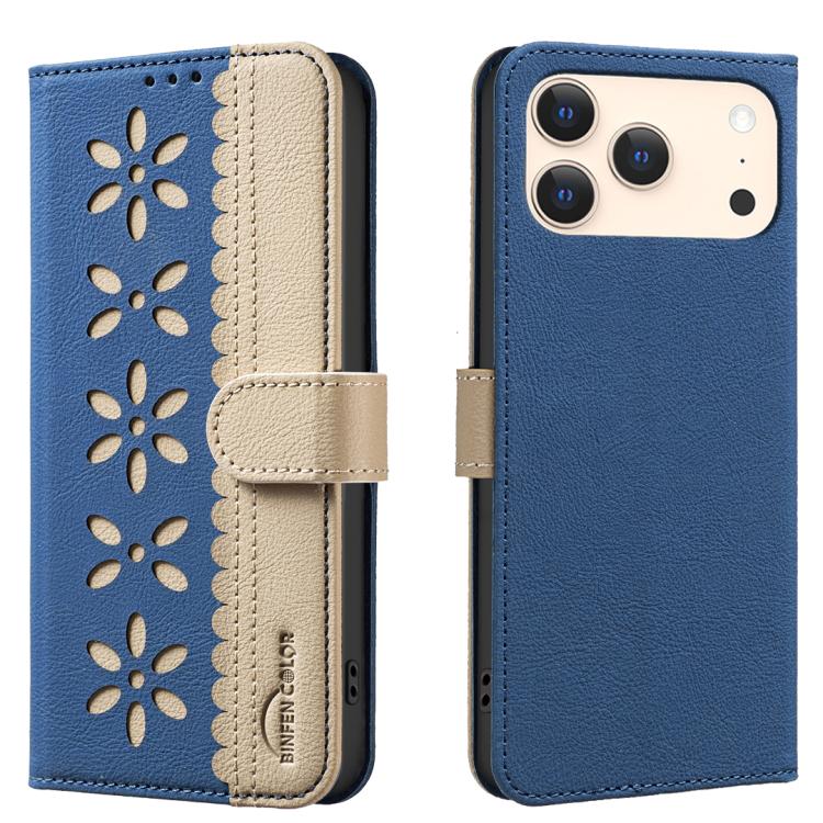 Funda de cuero para teléfono RFID con estampado floral hueco y empalme de colores, For iPhone 18 Pro/17 Pro, For iPhone 18 Pro Max/17 Pro Max, For iPhone 16e / 17e, For iPhone 17, For iPhone Air, For iPhone 16 Pro Max, For iPhone 16 Pro                ...
