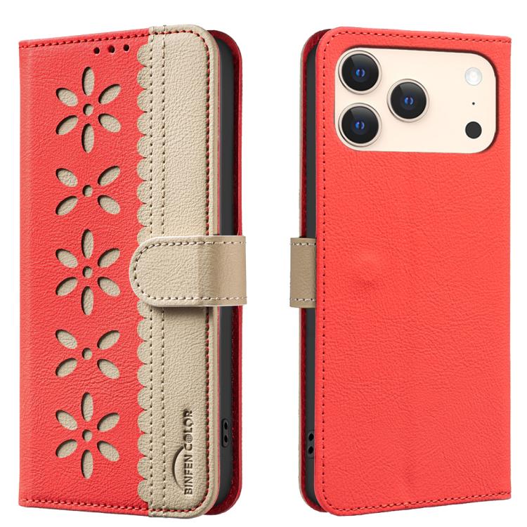 Funda de cuero para teléfono RFID con estampado floral hueco y empalme de colores, For iPhone 18 Pro/17 Pro, For iPhone 18 Pro Max/17 Pro Max, For iPhone 16e / 17e, For iPhone 17, For iPhone Air, For iPhone 16 Pro Max, For iPhone 16 Pro                ...