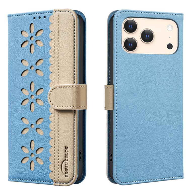Funda de cuero para teléfono RFID con estampado floral hueco y empalme de colores, For iPhone 18 Pro/17 Pro, For iPhone 18 Pro Max/17 Pro Max, For iPhone 16e / 17e, For iPhone 17, For iPhone Air, For iPhone 16 Pro Max, For iPhone 16 Pro                ...