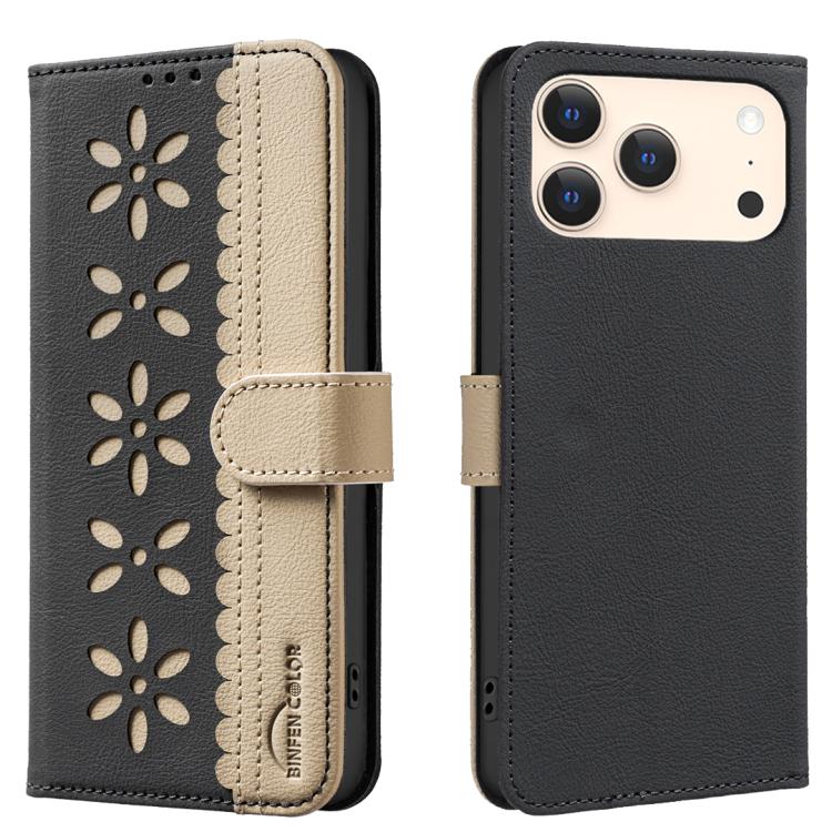 Funda de cuero para teléfono RFID con estampado floral hueco y empalme de colores, For iPhone 18 Pro/17 Pro, For iPhone 18 Pro Max/17 Pro Max, For iPhone 16e / 17e, For iPhone 17, For iPhone Air, For iPhone 16 Pro Max, For iPhone 16 Pro                ...
