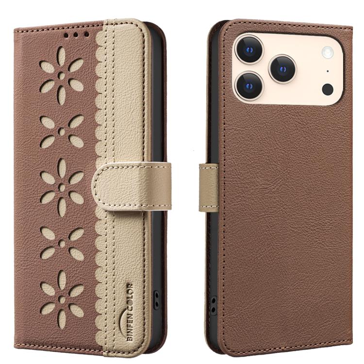 Funda de cuero para teléfono RFID con estampado floral hueco y empalme de colores, For iPhone 18 Pro/17 Pro, For iPhone 18 Pro Max/17 Pro Max, For iPhone 16e / 17e, For iPhone 17, For iPhone Air, For iPhone 16 Pro Max, For iPhone 16 Pro                ...