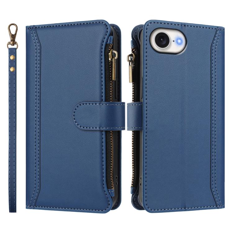 Estuche de piel con cierre magnético, 9 ranuras para tarjetas y cremallera, con correa de mano., For iPhone 17e / 16e, For iPhone 17 Pro Max, For iPhone 17 Pro, For iPhone 17, For iPhone Air, For iPhone 16 Pro Max, For iPhone 16 Pro, For iPhone 16 Plus