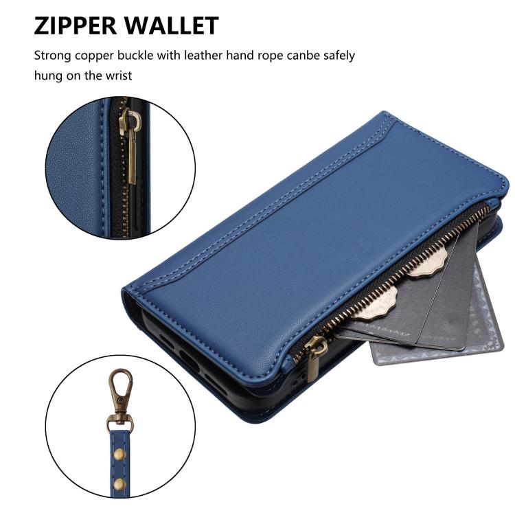 Estuche de piel con cierre magnético, 9 ranuras para tarjetas y cremallera, con correa de mano., For iPhone 17e / 16e, For iPhone 17 Pro Max, For iPhone 17 Pro, For iPhone 17, For iPhone Air, For iPhone 16 Pro Max, For iPhone 16 Pro, For iPhone 16 Plus