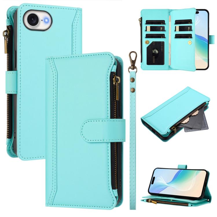 Estuche de piel con cierre magnético, 9 ranuras para tarjetas y cremallera, con correa de mano., For iPhone 17e / 16e, For iPhone 17 Pro Max, For iPhone 17 Pro, For iPhone 17, For iPhone Air, For iPhone 16 Pro Max, For iPhone 16 Pro, For iPhone 16 Plus