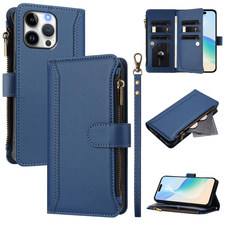 Estuche de piel con cierre magnético, 9 ranuras para tarjetas y cremallera, con correa de mano., For iPhone 17e / 16e, For iPhone 17 Pro Max, For iPhone 17 Pro, For iPhone 17, For iPhone Air, For iPhone 16 Pro Max, For iPhone 16 Pro, For iPhone 16 Plus