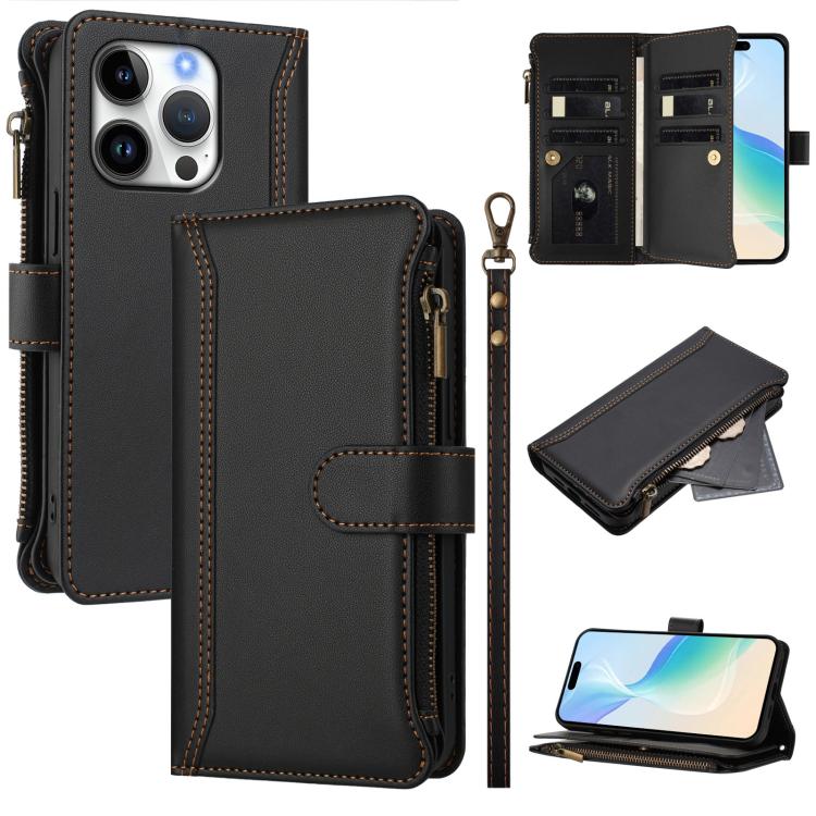Estuche de piel con cierre magnético, 9 ranuras para tarjetas y cremallera, con correa de mano., For iPhone 17e / 16e, For iPhone 17 Pro Max, For iPhone 17 Pro, For iPhone 17, For iPhone Air, For iPhone 16 Pro Max, For iPhone 16 Pro, For iPhone 16 Plus