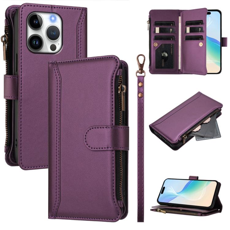 Estuche de piel con cierre magnético, 9 ranuras para tarjetas y cremallera, con correa de mano., For iPhone 17e / 16e, For iPhone 17 Pro Max, For iPhone 17 Pro, For iPhone 17, For iPhone Air, For iPhone 16 Pro Max, For iPhone 16 Pro, For iPhone 16 Plus