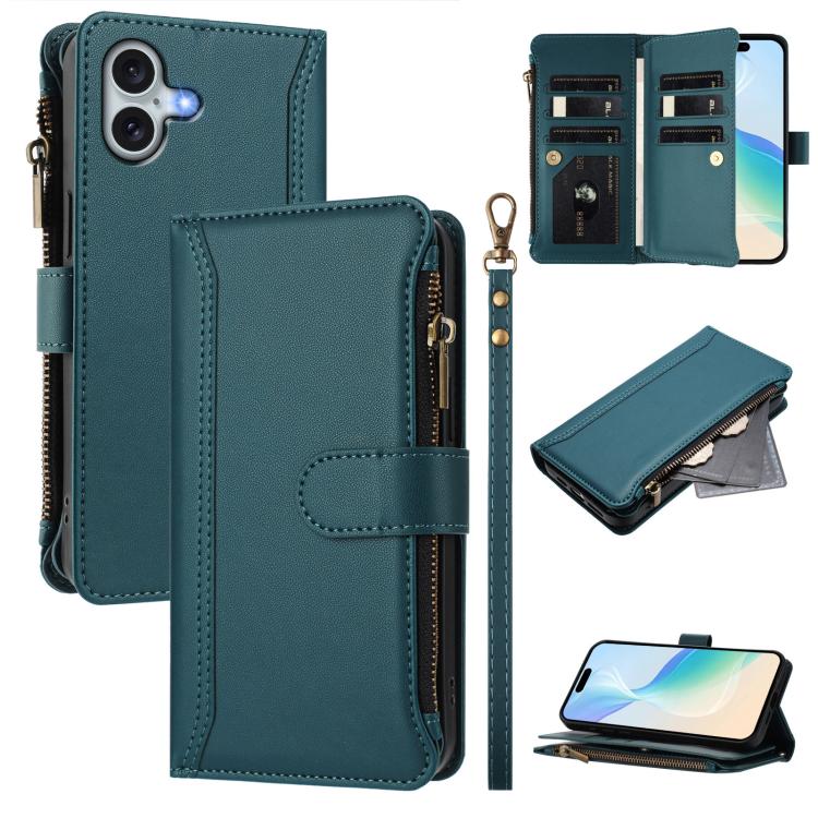 Estuche de piel con cierre magnético, 9 ranuras para tarjetas y cremallera, con correa de mano., For iPhone 17e / 16e, For iPhone 17 Pro Max, For iPhone 17 Pro, For iPhone 17, For iPhone Air, For iPhone 16 Pro Max, For iPhone 16 Pro, For iPhone 16 Plus