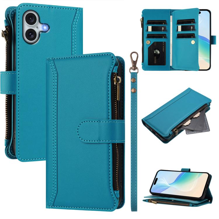 Estuche de piel con cierre magnético, 9 ranuras para tarjetas y cremallera, con correa de mano., For iPhone 17e / 16e, For iPhone 17 Pro Max, For iPhone 17 Pro, For iPhone 17, For iPhone Air, For iPhone 16 Pro Max, For iPhone 16 Pro, For iPhone 16 Plus