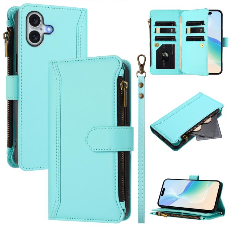 Estuche de piel con cierre magnético, 9 ranuras para tarjetas y cremallera, con correa de mano., For iPhone 17e / 16e, For iPhone 17 Pro Max, For iPhone 17 Pro, For iPhone 17, For iPhone Air, For iPhone 16 Pro Max, For iPhone 16 Pro, For iPhone 16 Plus