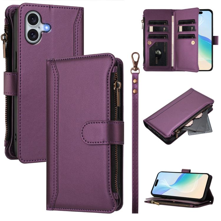 Estuche de piel con cierre magnético, 9 ranuras para tarjetas y cremallera, con correa de mano., For iPhone 17e / 16e, For iPhone 17 Pro Max, For iPhone 17 Pro, For iPhone 17, For iPhone Air, For iPhone 16 Pro Max, For iPhone 16 Pro, For iPhone 16 Plus