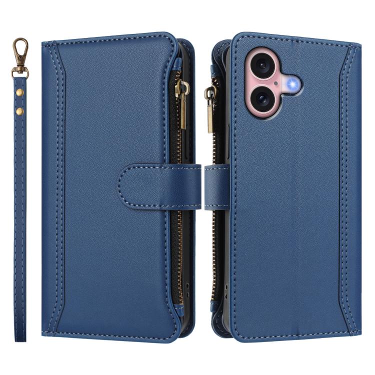 Estuche de piel con cierre magnético, 9 ranuras para tarjetas y cremallera, con correa de mano., For iPhone 16, For iPhone 15 Pro Max, For iPhone 15 Pro, For iPhone 15 Plus, For iPhone 15, For iPhone 14 Plus, For iPhone 14 / 13, For iPhone 14 Pro