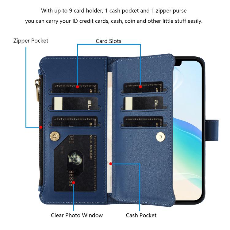 Estuche de piel con cierre magnético, 9 ranuras para tarjetas y cremallera, con correa de mano., For iPhone 16, For iPhone 15 Pro Max, For iPhone 15 Pro, For iPhone 15 Plus, For iPhone 15, For iPhone 14 Plus, For iPhone 14 / 13, For iPhone 14 Pro